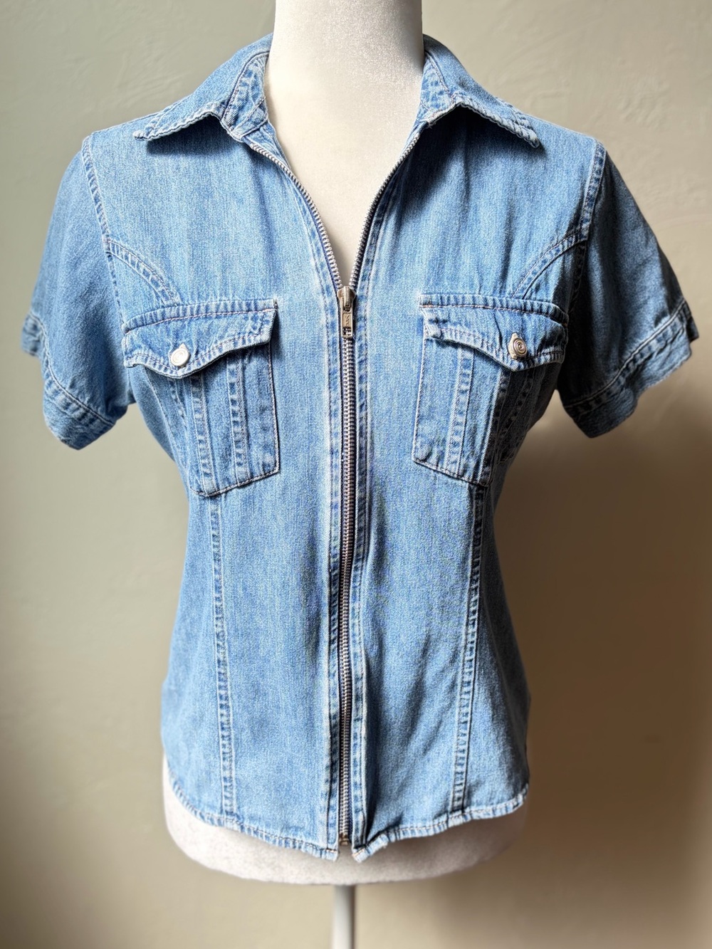 Vintage Carolina Blues Light Wash Denim Zip Front Shirt Small